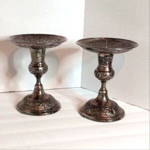 Pair of Sterling Silver Plated Etched Candle Holders. Made in India.